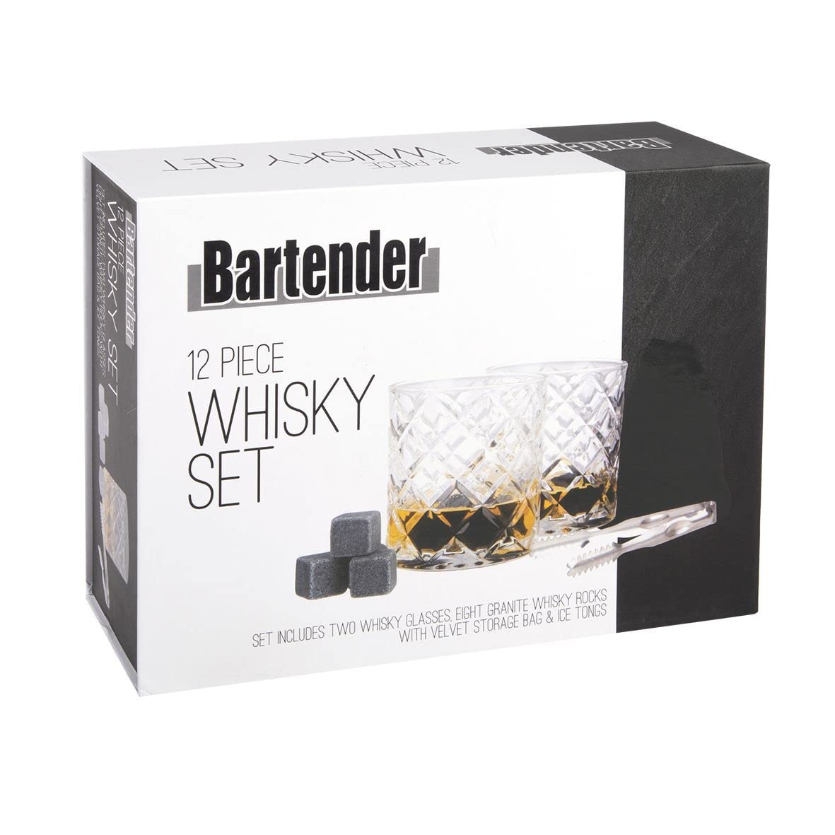 Bartender, set da 12 pezzi per whisky, bicchieri da whisky, pinze e pietre