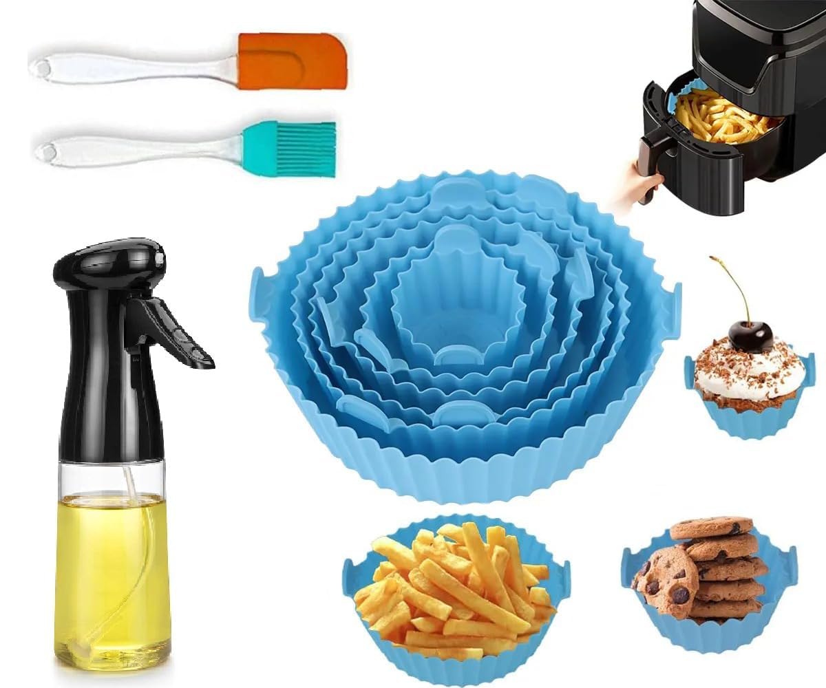 LANFFIA 6 Pcs Silicone Air Fryer Liners | Reusable Non Stick Tray Pot Basket Mould Baking Oven | Replacement for Parchment Paper | Includes Oil Sprayer Bottle, Silicone Brush & Spatula Set