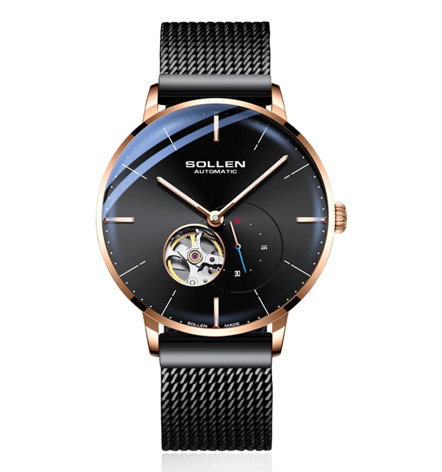 SOLLEN Relojes automáticos de esqueleto para hombre, relojes mecánicos minimalistas negros con manecillas luminosas y segunda subesfera, acero inoxidable, impermeable, elegante, de lujo, para uso