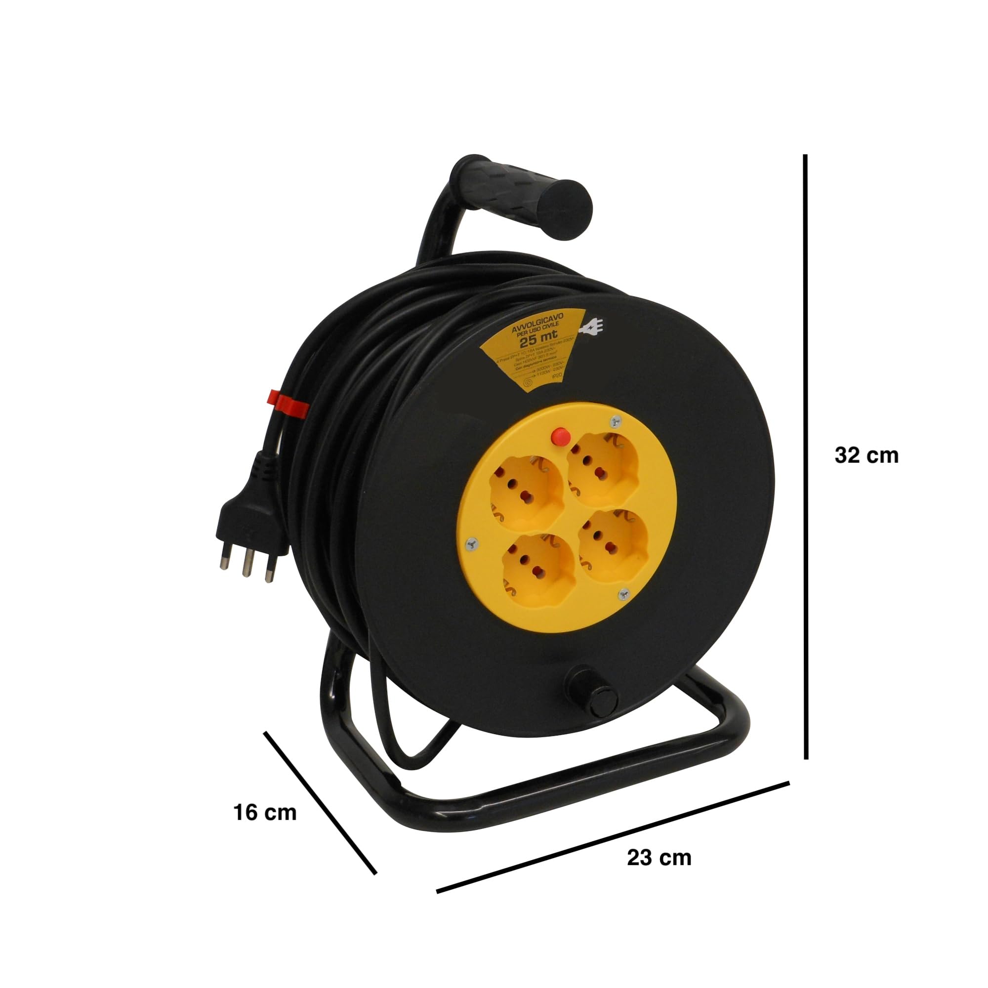 eacommerce - Avvolgicavo Elettrico 25 metri | Spina 2P+T 16A, Nero | 4 Prese Bipasso 10/16A Schuko | Maniglia Ergonomica con Disgiuntore Termico, 25 Metri