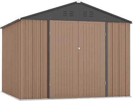 Garvee 7.5 x 8.5 FT Storage Shed, Outdoor Metal Storage Shed for Outdoor with Lockable Door and Air Vent, Large Metal Tool Sheds, Utility Tool Storage House for Patio Garden Lawn Backyard, Brown