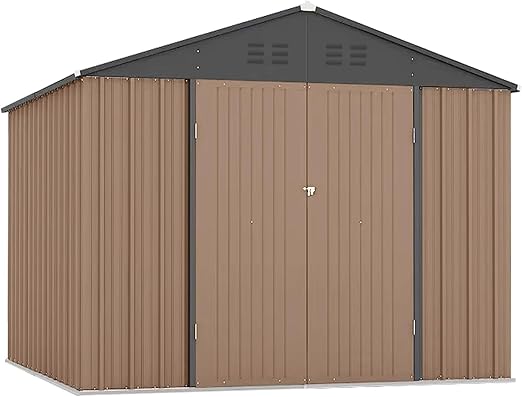 Garvee 7.5 x 8.5 FT Storage Shed, Outdoor Metal Storage Shed for Outdoor with Lockable Door and Air Vent, Large Metal Tool Sheds, Utility Tool Storage House for Patio Garden Lawn Backyard, Brown