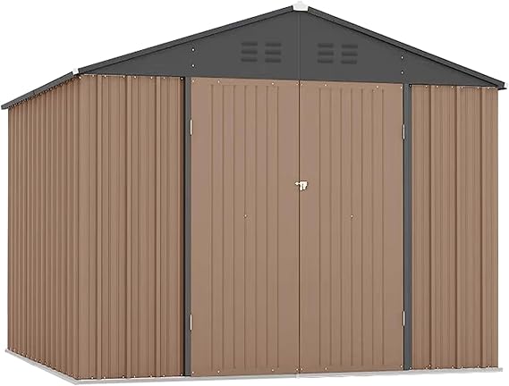 Garvee 7.5 x 8.5 FT Storage Shed, Outdoor Metal Storage Shed for Outdoor with Lockable Door and Air Vent, Large Metal Tool Sheds, Utility Tool Storage House for Patio Garden Lawn Backyard, Brown