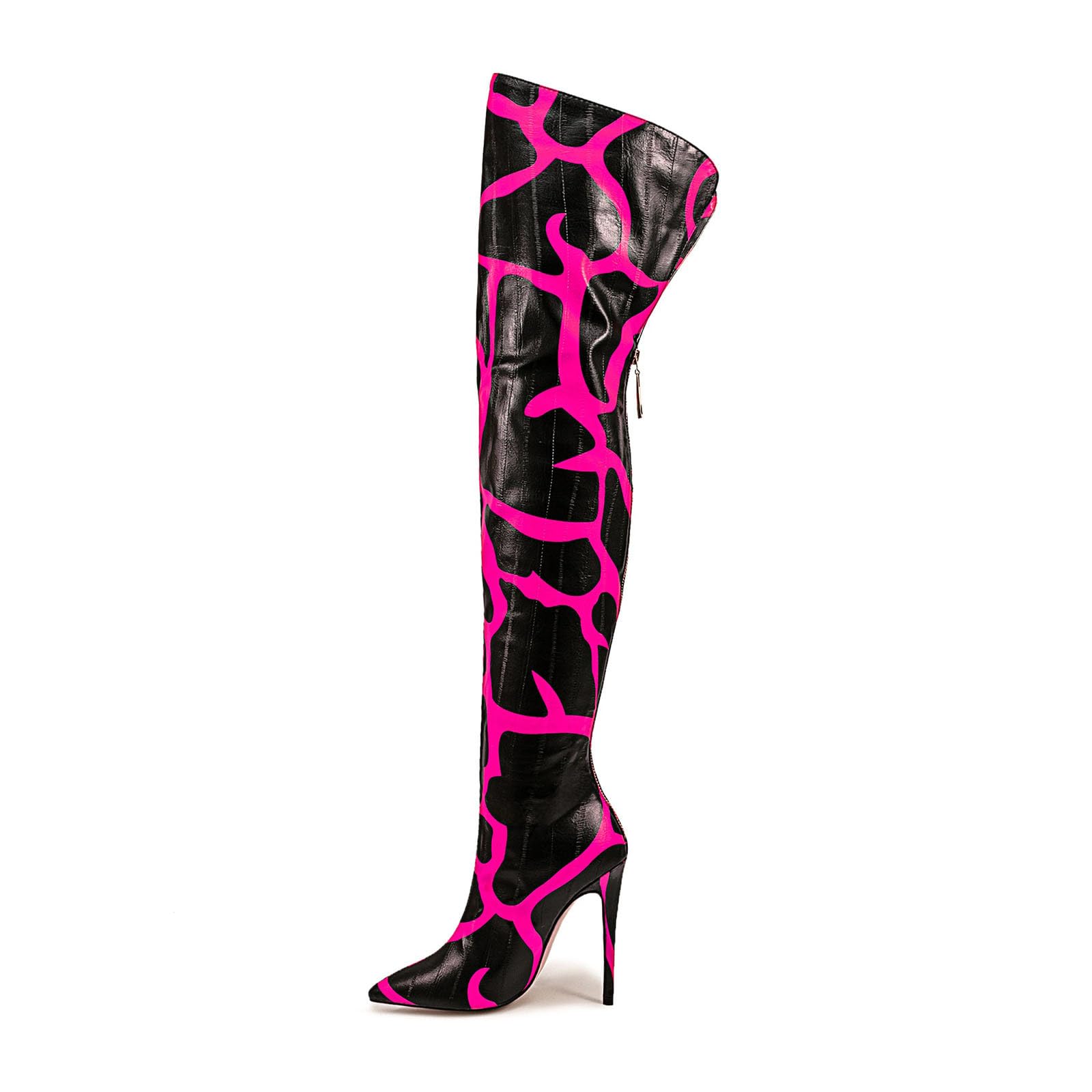 Thigh high boots for women striped Back zipper Burgundy Zebra Print Over the knee Sexy gold white pointed toe Cow Print leopard Magenta stiletto heel