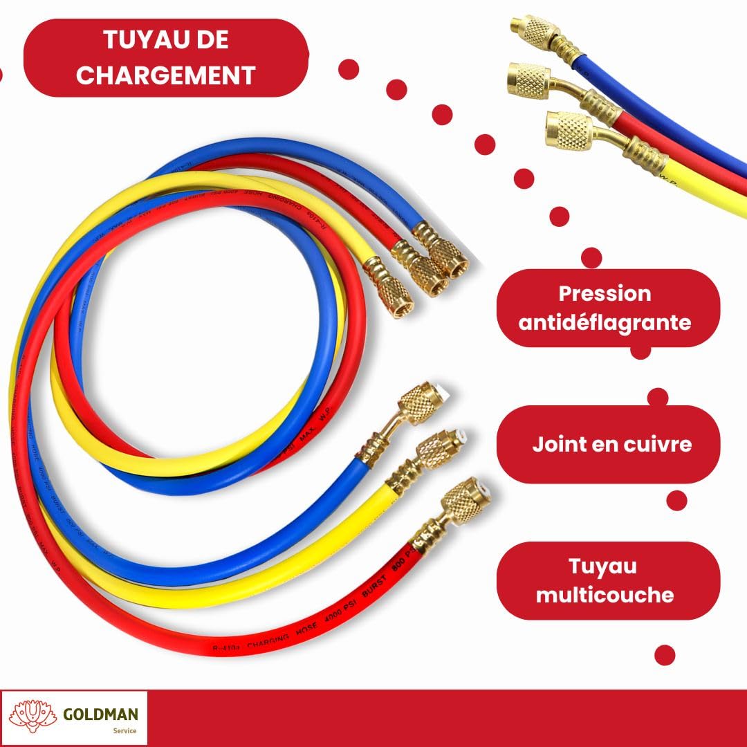 GOLDMAN SERVICE | Kit Manomètre Climatisation avec 3 Tuyaux de Recharge et Mesure de Gaz Réfrigérant Voiture AC | R410A R407C R32 R134a