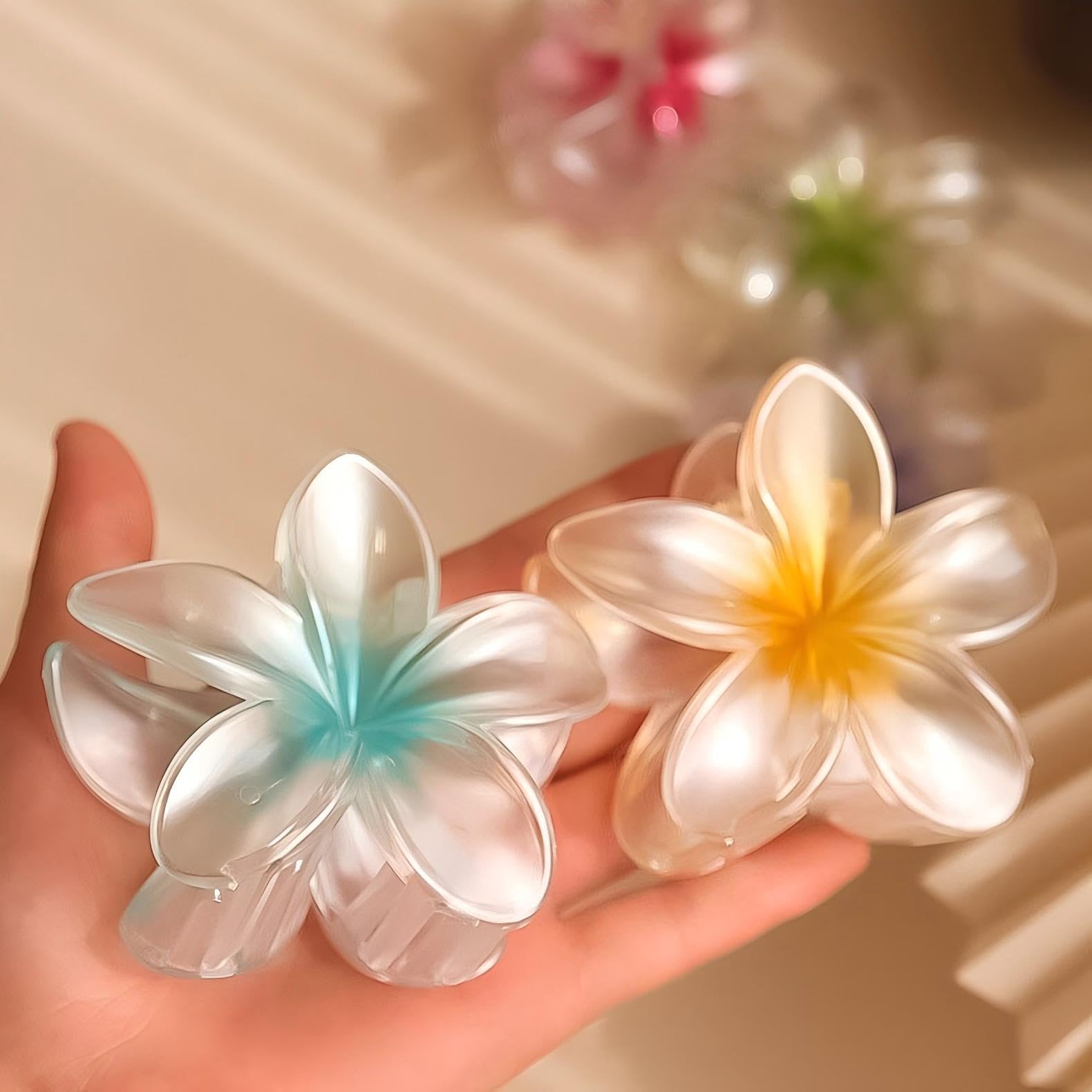CONGGUAN Pack of 4 Hawaii Flower Hair Clips Plumeria Flower Claw Clip Thin Thick Curly Hair for Women Strong Non-Slip Hibiscus Hair Clip Beach Hair Accessories for Women - Image 3