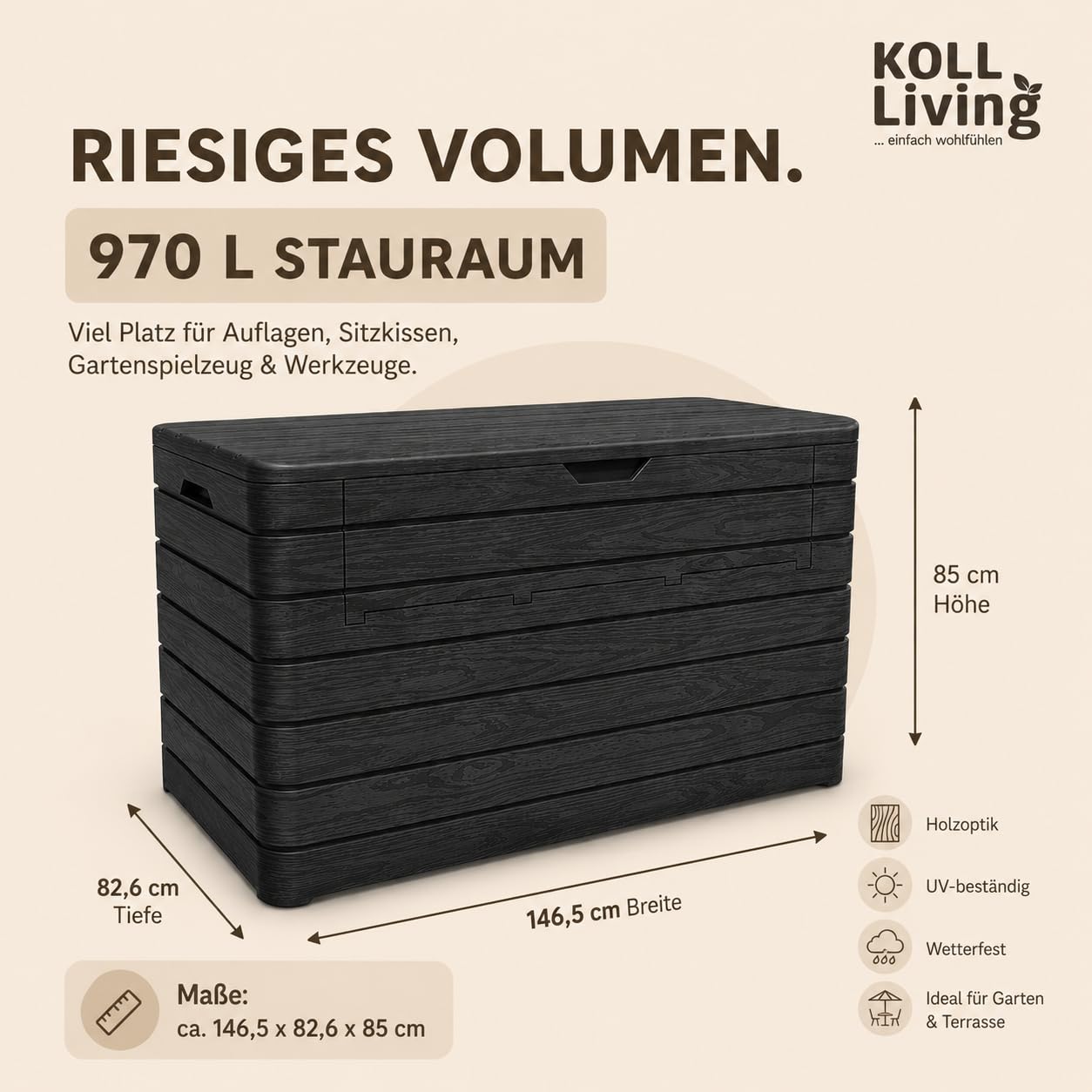 Koll Living Gartenbox/Auflagenbox Nora 970 Liter | Anthrazit | Aufklappbare Front | UV- und witterungsbeständig | 100% Wasserdicht | Belüftet daher Schimmelfrei | 147 x 83 x 85 cm | Gasdruckfedern