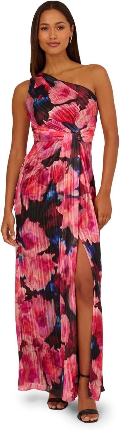 Adrianna Papell ONE Shoulder Chiffon Gown Black/Berry 6