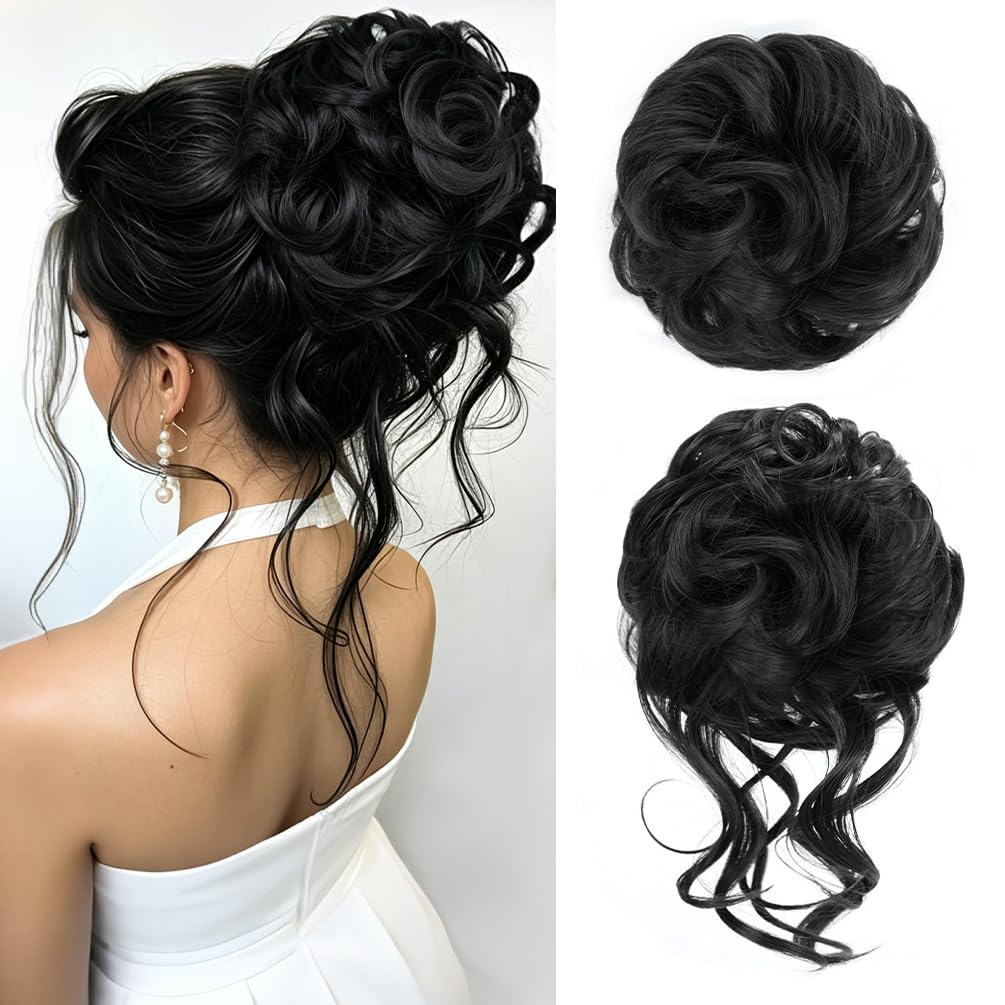 Photo 1 of Messy Bun Clip In Hair Piece 2PCS Claw Clip Messy Bun Hairpieces Wavy Curly Hair Scrunchie Ponytail Synthetic Extensions for Women Black