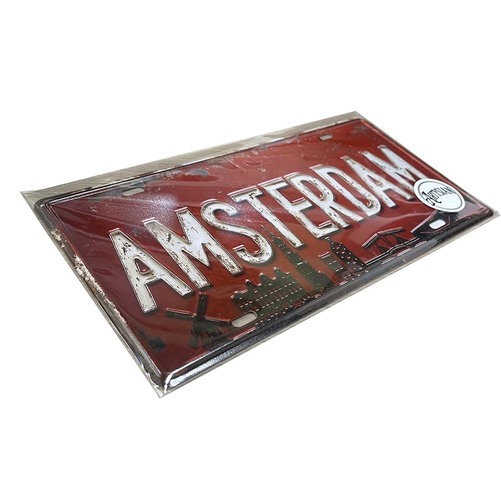 Artysian Amsterdam Vintage Metal License Plate Sign – Retro City Skyline Tin Plaque Wall Decor for Home, Bar, Pub, Garage, Man Cave – Netherlands Souvenir Gift, 30x15cm