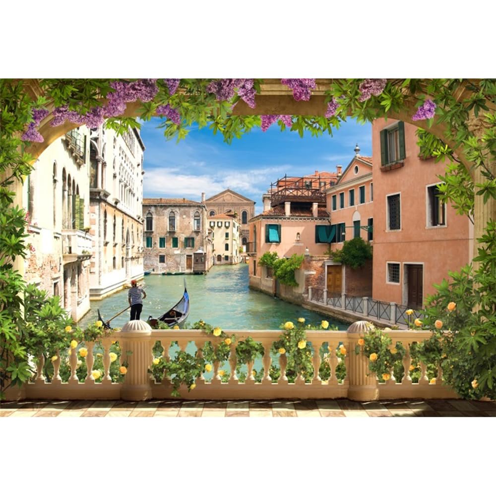 Ruelvth 7x5ft Italy Venice Backdrop, Water City Italian Canal Gondolas River Backdrop for Photoshoot Historical Culture Scenery Photo Background