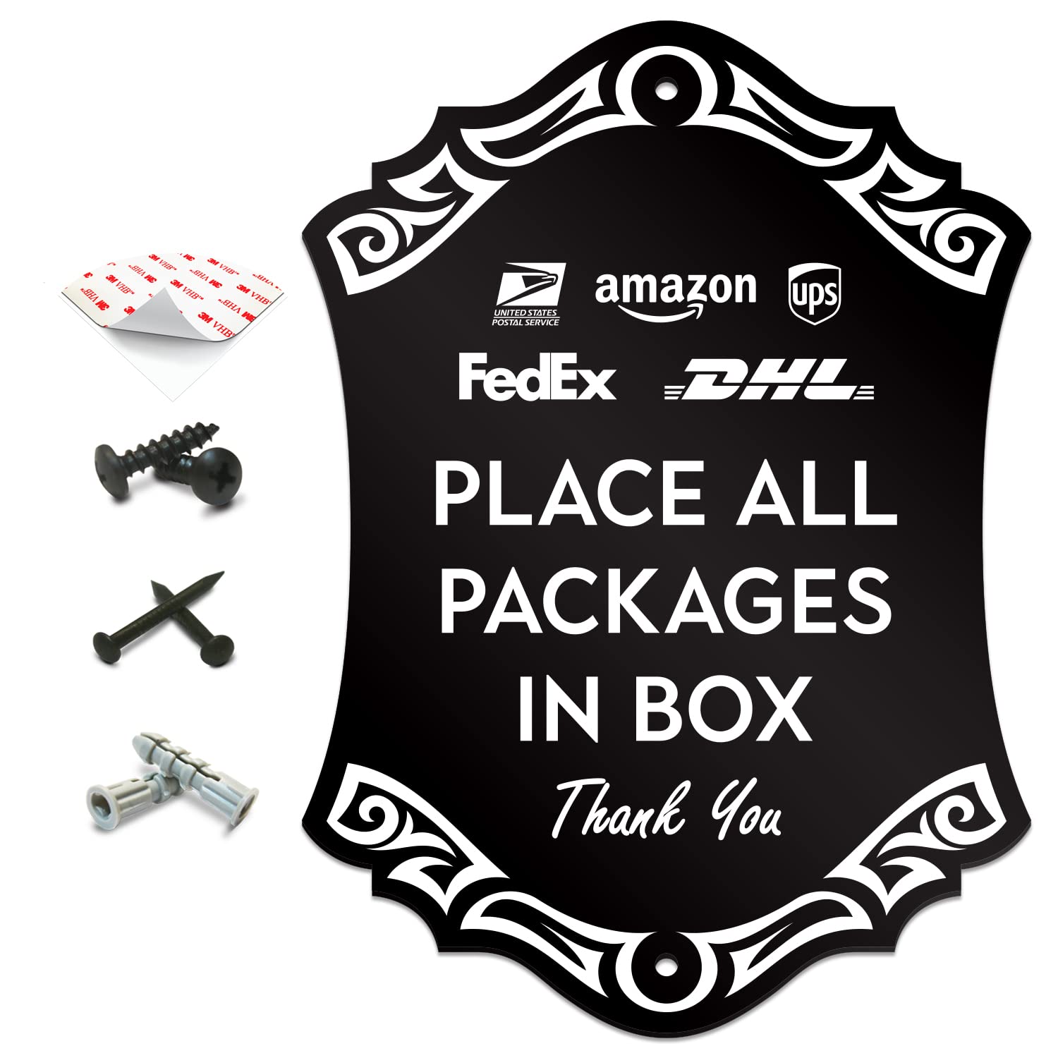 SignSeries Delivery Instruction Door Sign - Place All Packages In Box, House Sign, 6.25” X 4.5” - Mounting Hardware Included, Easy Installation -