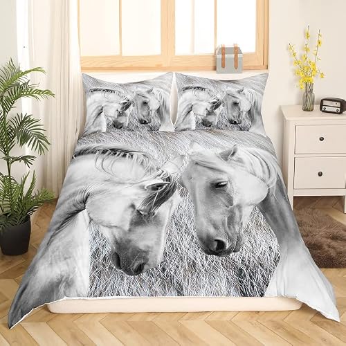 jejeloiu Horse Bedding Set for Girls Boys Kids Cow Fur Comforter Cover Set Room Decorative Farm Cowboy Duvet Cover Western Farm Animal Skin White Grey Bedspread Cover Room Decor Quilt Cover Twin Size