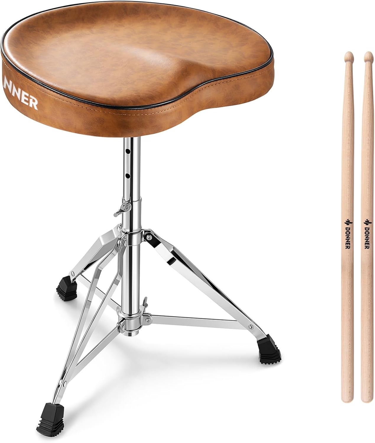 Donner Saddle Drum Throne, Height Adjustable Padded Seat Drum Stool for Adults and Teens, 5A Drumsticks Included, with Double Braced Legs Rubber Feet, Brown