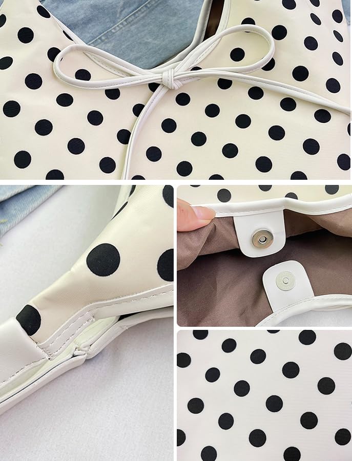 Polka Dot Hobo Bag for Women Bow Tie Canvas Handbags Shoulder Purse Large Satchel for Travel Work4