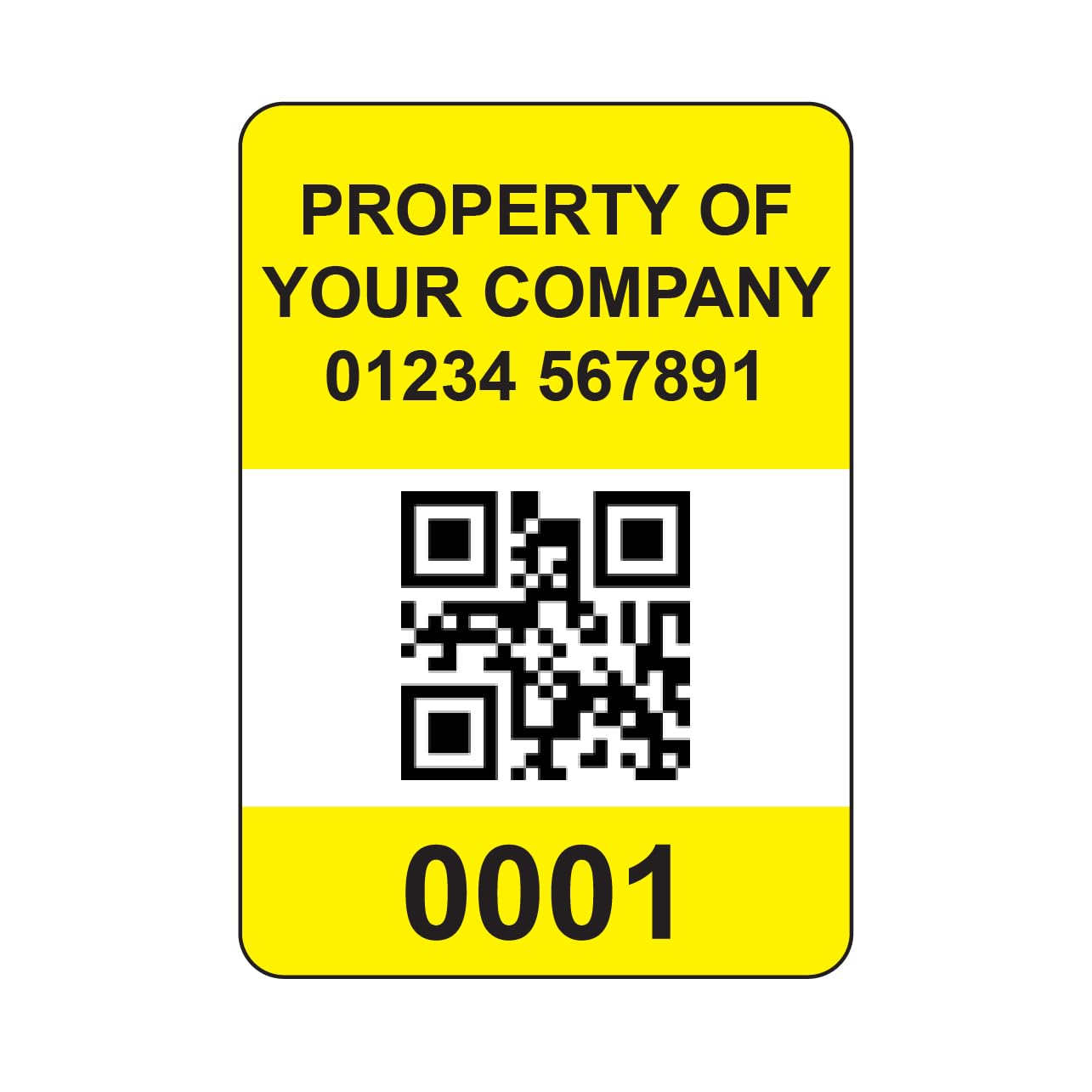 1000 Serialised QR Code Asset Tag Labels Custom Stickers- Yellow. 40mm x 28mm Permanent Vinyl Labels