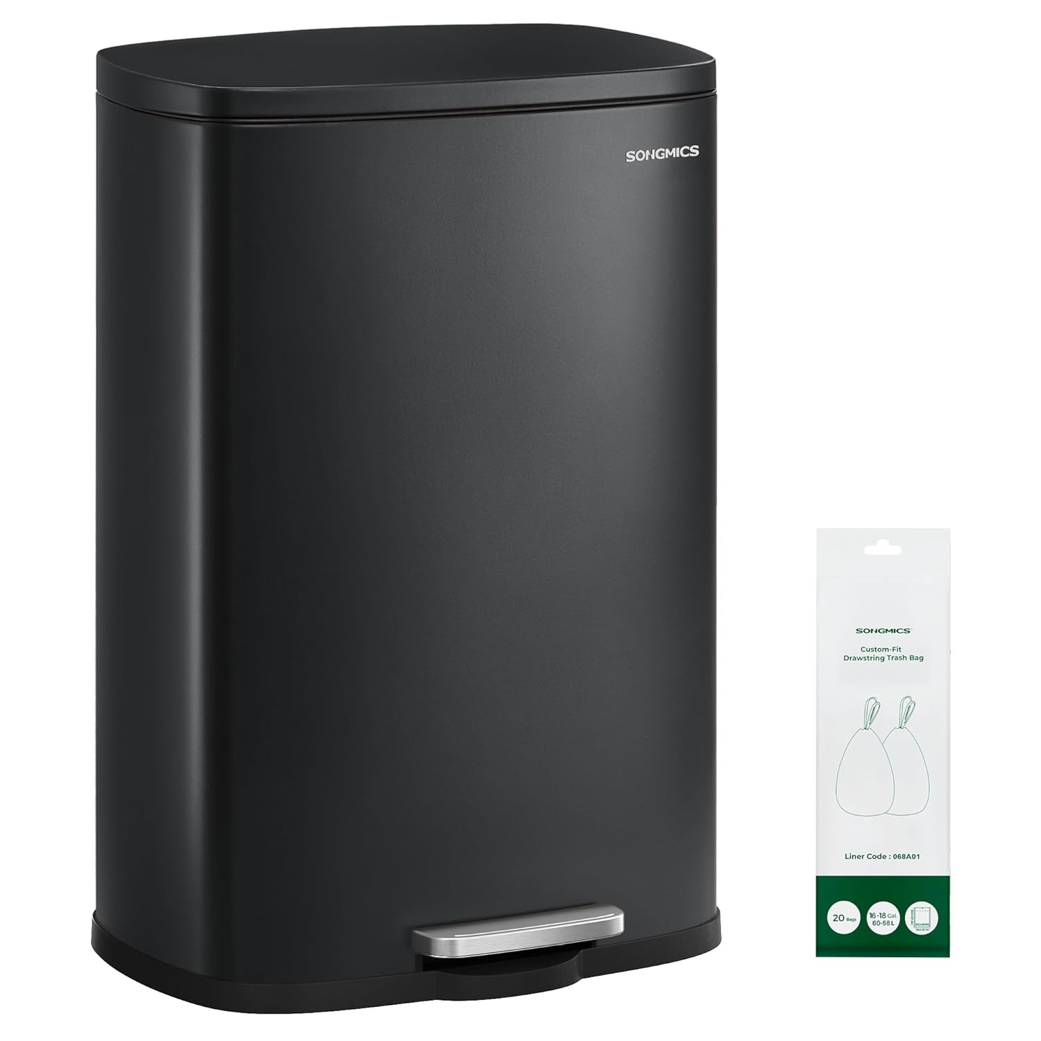 SONGMICS 20-Gallon (75 L) Trash Can, Stainless Steel Kitchen Garbage Can, Recycling or Waste Bin, Soft Close, Step-On Pedal, Removable Inner Bucket, Black ULTB075BZ01