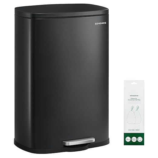 SONGMICS 20-Gallon (75 L) Trash Can, Stainless Steel Kitchen Garbage Can, Recycling or Waste Bin, Soft Close, Step-On Pedal, Removable Inner Bucket, Black ULTB075BZ01