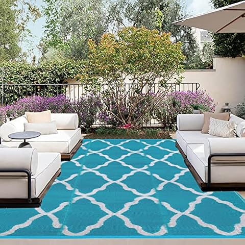 OutdoorLines Outdoor Plastic Area Rugs for Patio 5x8 ft - Reversible Outside Carpet, Stain & UV Resistant RV Mats, Straw Rug for Camping, Deck Garden, Porch and Balcony, Moroccan Teal & Light Grey Cover