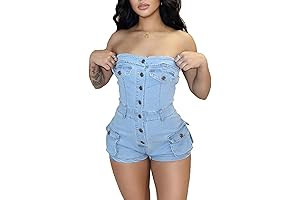 Women's Denim Romper Sexy Strapless Tube Club Cargo Jumpsuit