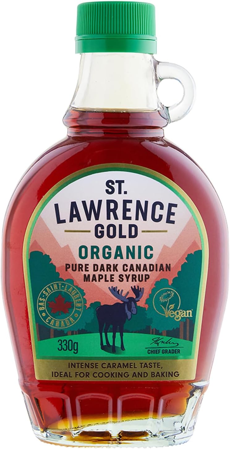 โ St Lawrence Gold Organic Maple Syrup 250ml - 330g Grade A, 100% Pure Canadian Dark Maple Syrup for Pancakes, Waffles, Cooking and Baking - Robust, Caramel Taste - Gluten Free, Vegan