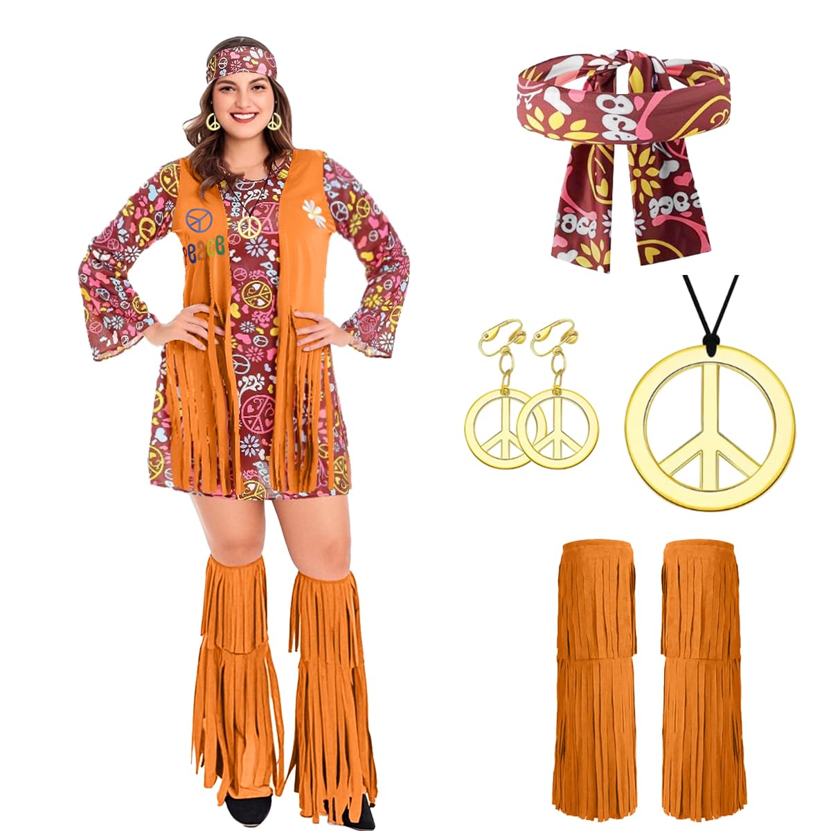 Disfraz Hippie de Talla Grande para Mujer, Vestido Hippie Mujer Disfraz, Conjunto de Disfraz Hippie para Mujer, Accesorios Hippie, Ropa de los Años 70 para Mujer para Carnaval Fiesta Cosplay Navidad