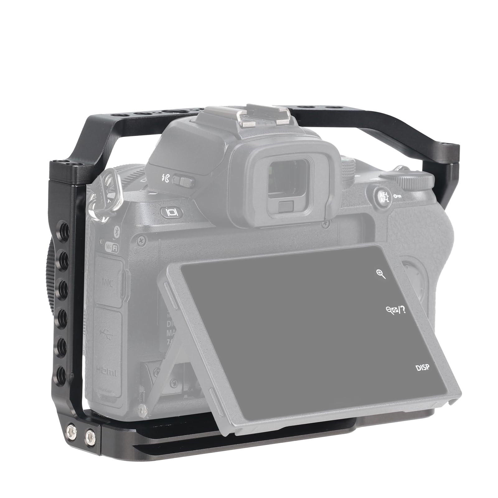 FocusFoto Jaula de cámara con mango superior para cámara Nikon Z50 sin espejo, plataforma de video de aluminio con zapata fría, montaje de tornillo de 1/10.2 cm-20, agujeros de localización de 3/20.3
