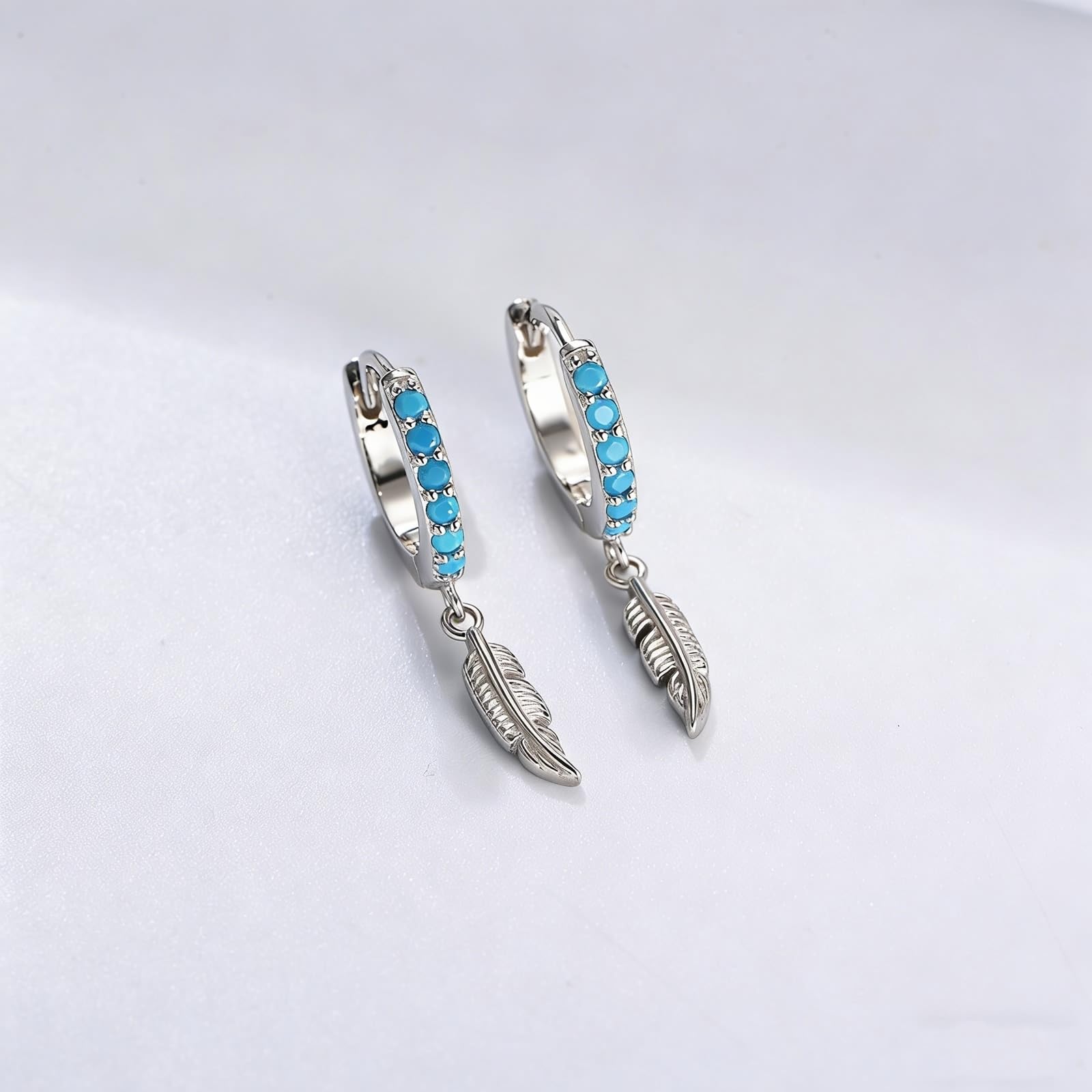 Pendientes de oro blanco de 9 K/14 K/18 K/PT950, joyas auténticas con turquesa redonda, pluma de aro