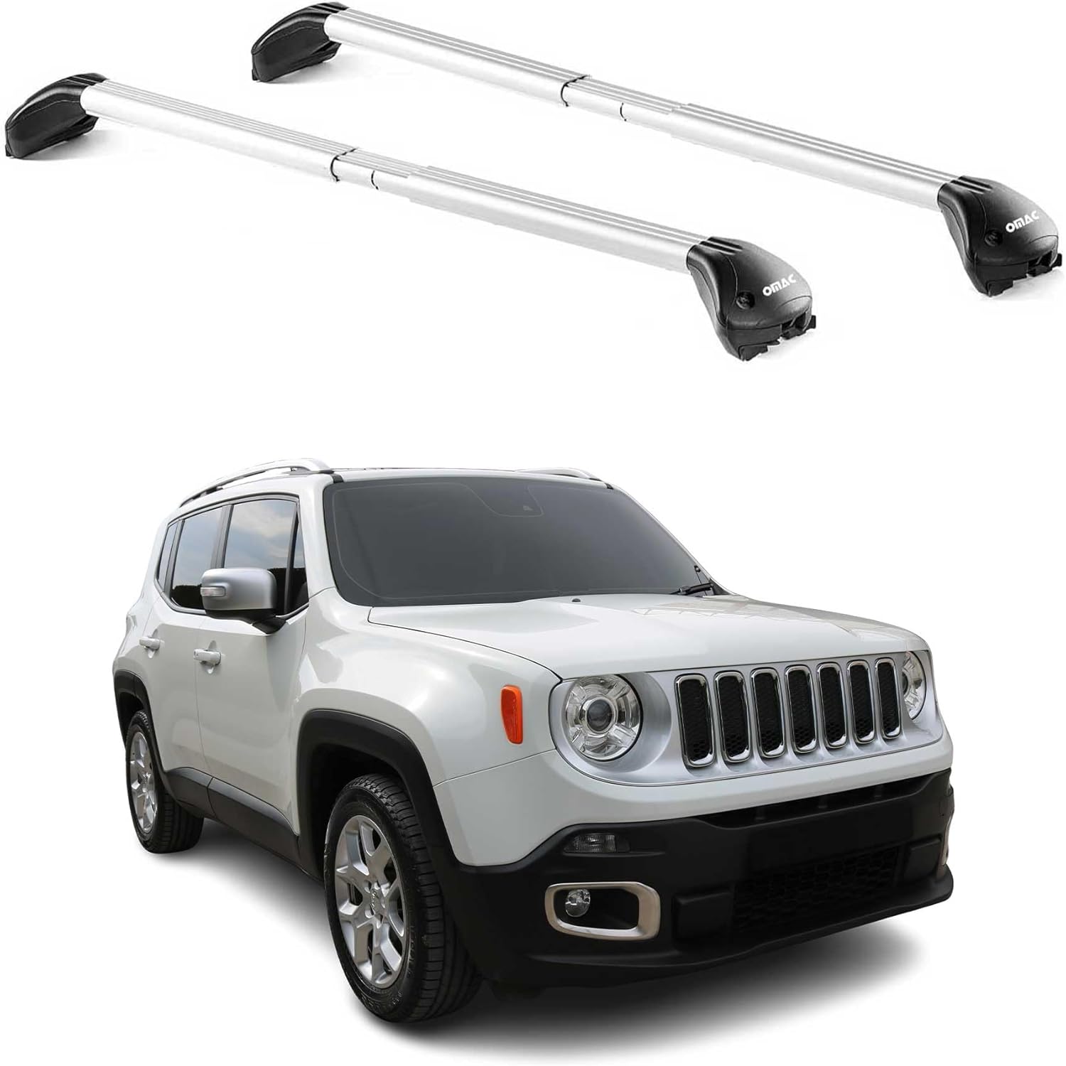 OMAC Roof Rack Cross Bars TÜV Certified for Jeep Renegade 2015-2024 – Lockable (4 Locks) – Max Load 220 lb / 100 kg – Stainless Steel Strap + Rubber Protection Silver