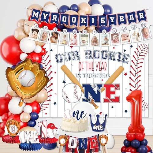 Baseball 1st birthday party decorations boy our rookie Backdrop Baseball Balloon Arch my rookie year banner first birthday decorations for boy