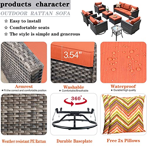 Ovios Patio Furniture Set 8 Pcs Outdoor Wicker Rocking Swivel Chairs Sectional Sofa Set With Single Chairs High Back Rattan Sofa For Yard Garden Porch (Orange Red) #TOP2