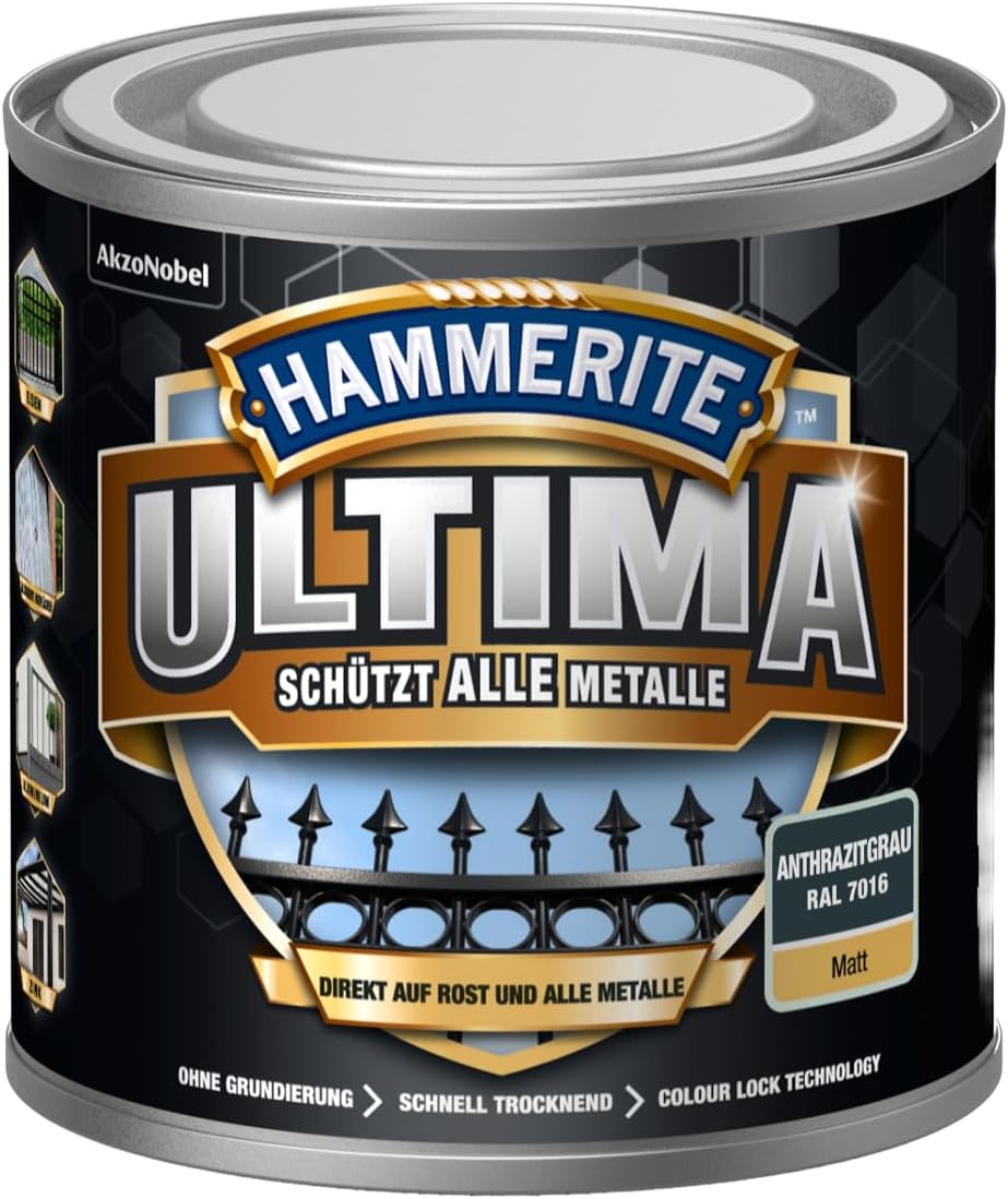 Hammerite Ultimate 5379747 Metal Protection Paint Rust 250 ml Matt Anthracite Grey RAL 7016