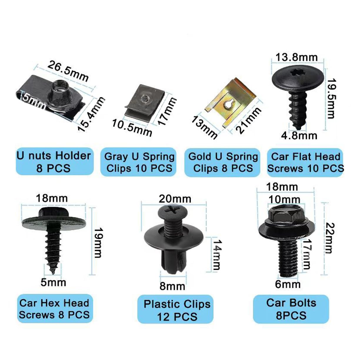 64 Stück Universal-Auto-U-Clip, Karosserieschrauben, Stoßstangen-Kotflügel und Metallverkleidungs-Federklemme, Zierleisten-Clip mit passenden Schrauben