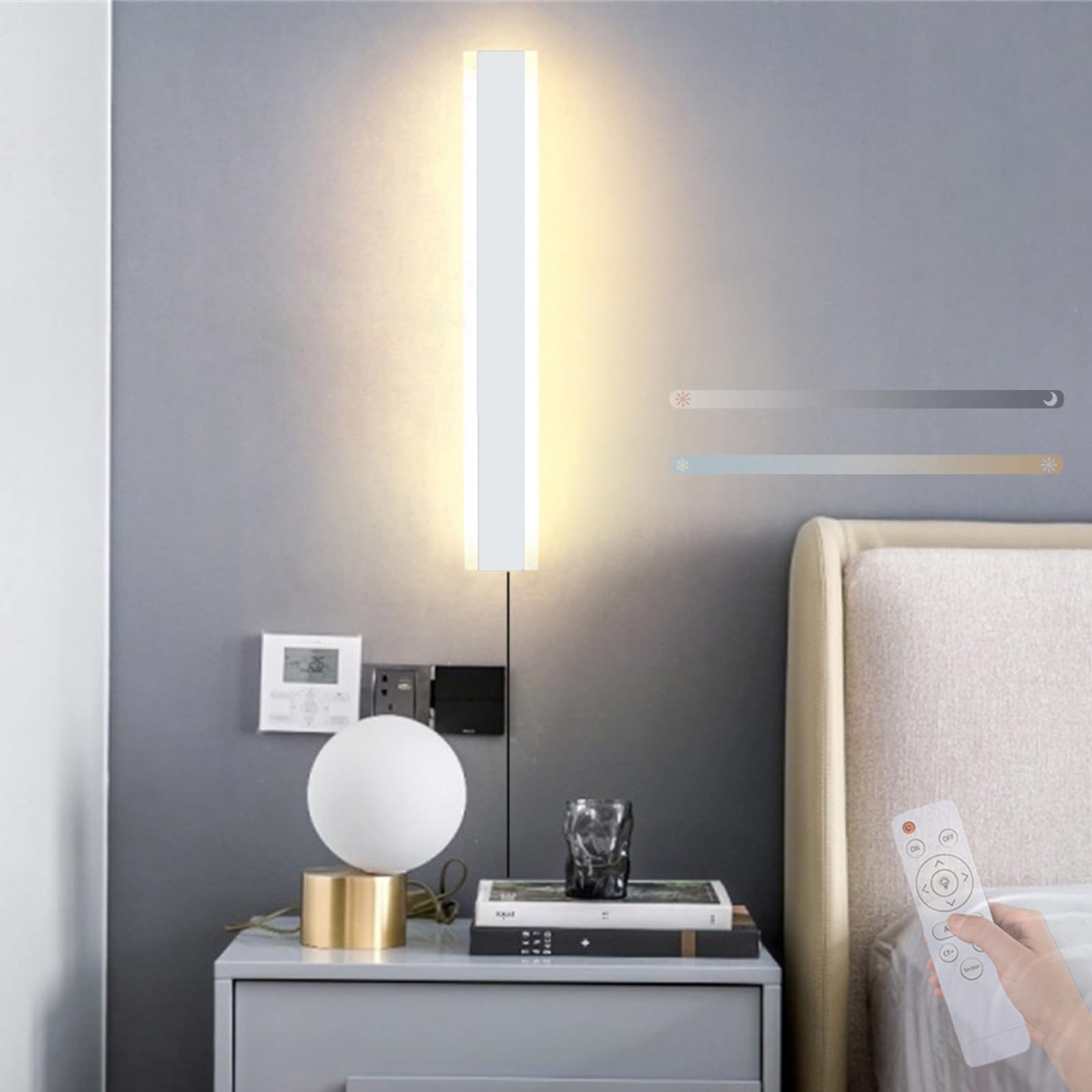 Wandlampe mit Schalter und Stecker Lange LED Wandleuchte Innen Dimmbar Modern Flurlampe mit Fernbedienung Treppenhauslampe Wandbeleuchtung für Wohnzimmer Schlafzimmer (Weiß,60CM)