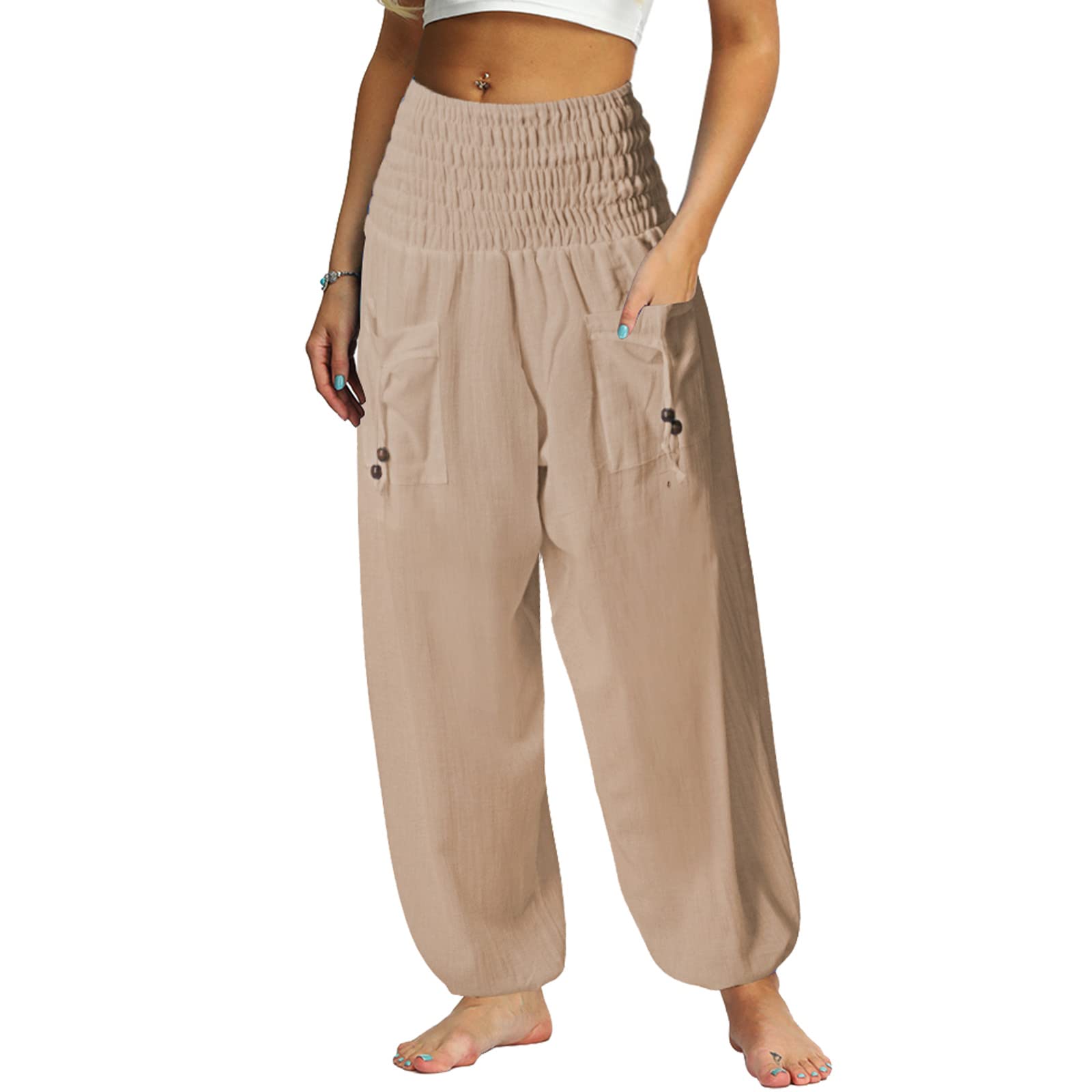 Nuofengkudu Pareja Hippie Pantalon Harem Elásticos Cintura Alta Bolsillos Bombachos Comodos Yoga Pants Pantalones Unisex Pijama Verano Playa Viaje Casual