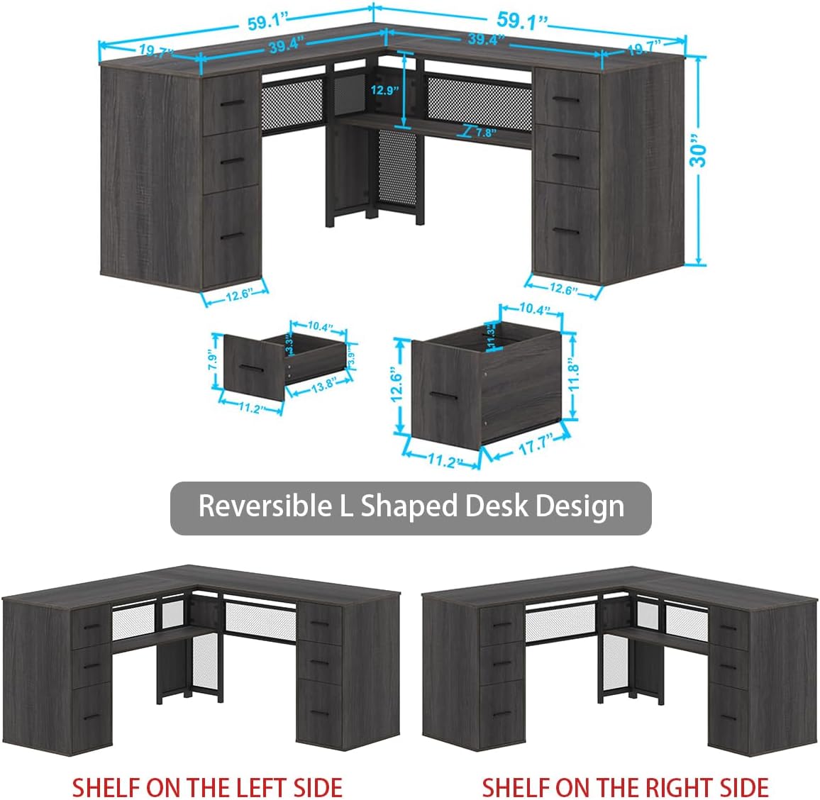 Diagram showing dimensions and reversible L-shaped desk design