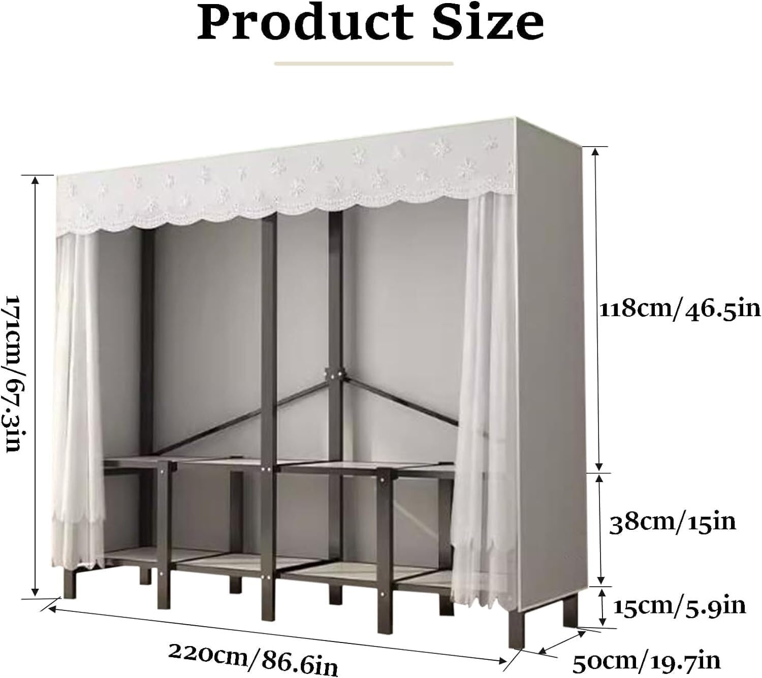 Armadio Pieghevole Armadio in Tubo di Acciaio Spesso Armadio Senza Montaggio Armadio salvaspazio Armadio Portatile Elegante(B,220cm/86.6in)