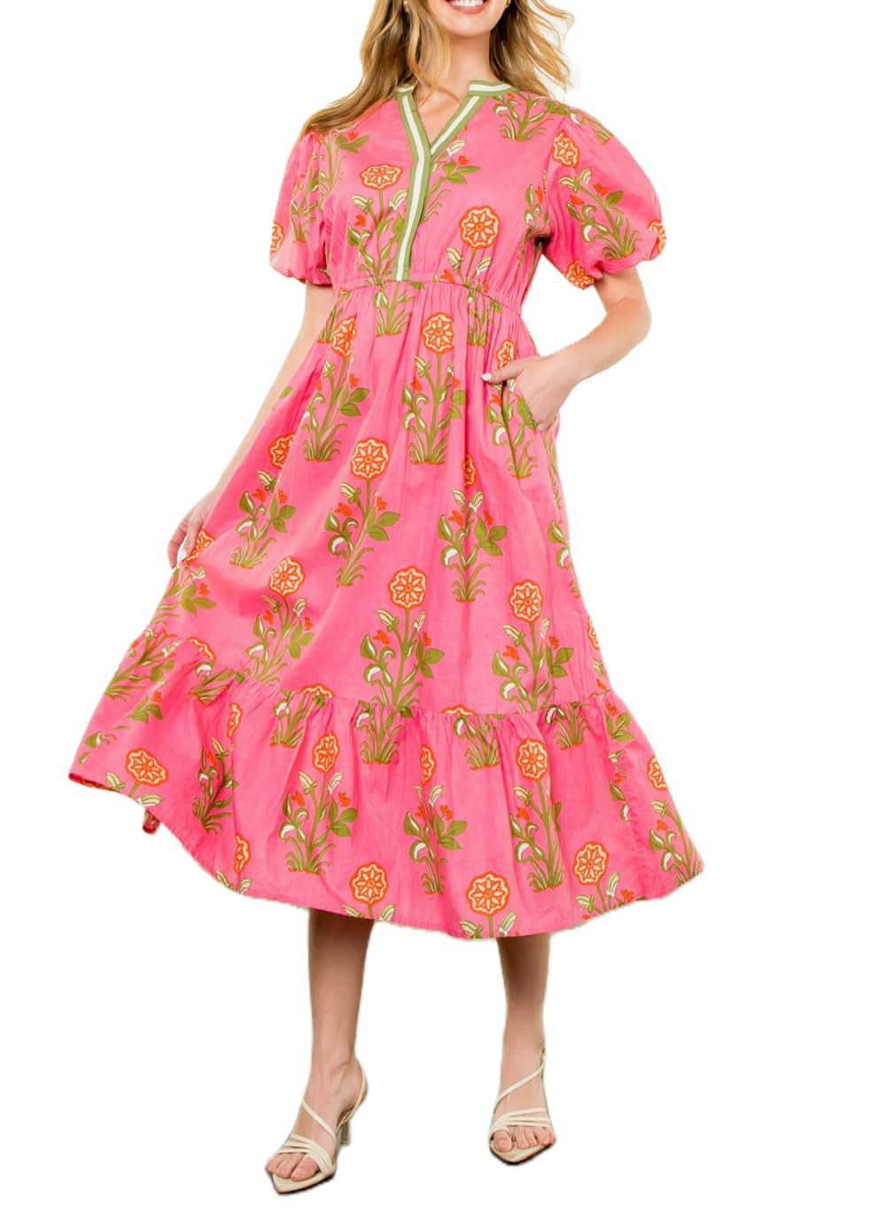 Women Boho Midi Dress Floral Print Ruffle Sleeve Flowy Maxi Dress Cute V Neck Loose Tiered Smocked Babydoll Dresses