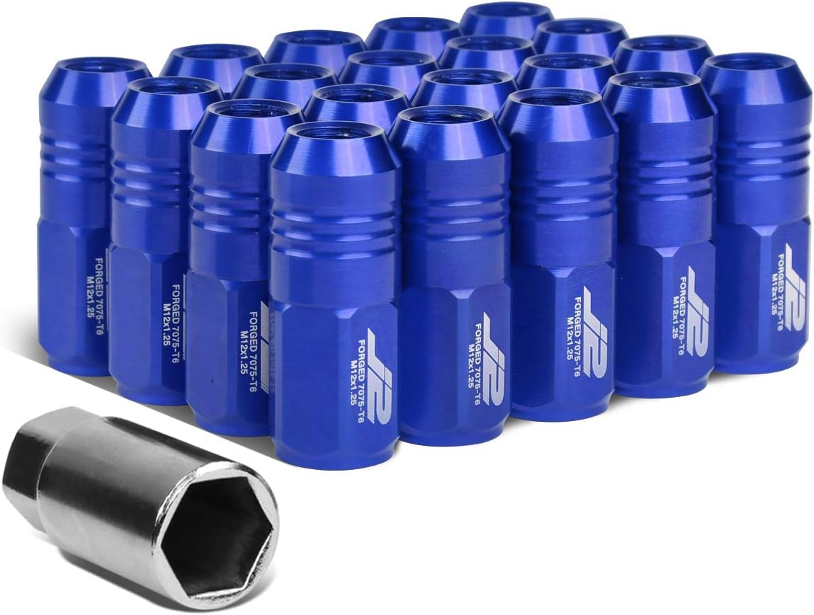 J2 Engineering 20 Pcs 7075 Aluminum Closed End M12 x 1.25 Lug Nuts Set w/Socket Adapter, Blue, Fit Conical Seat, LN-T7-007-125-BL
