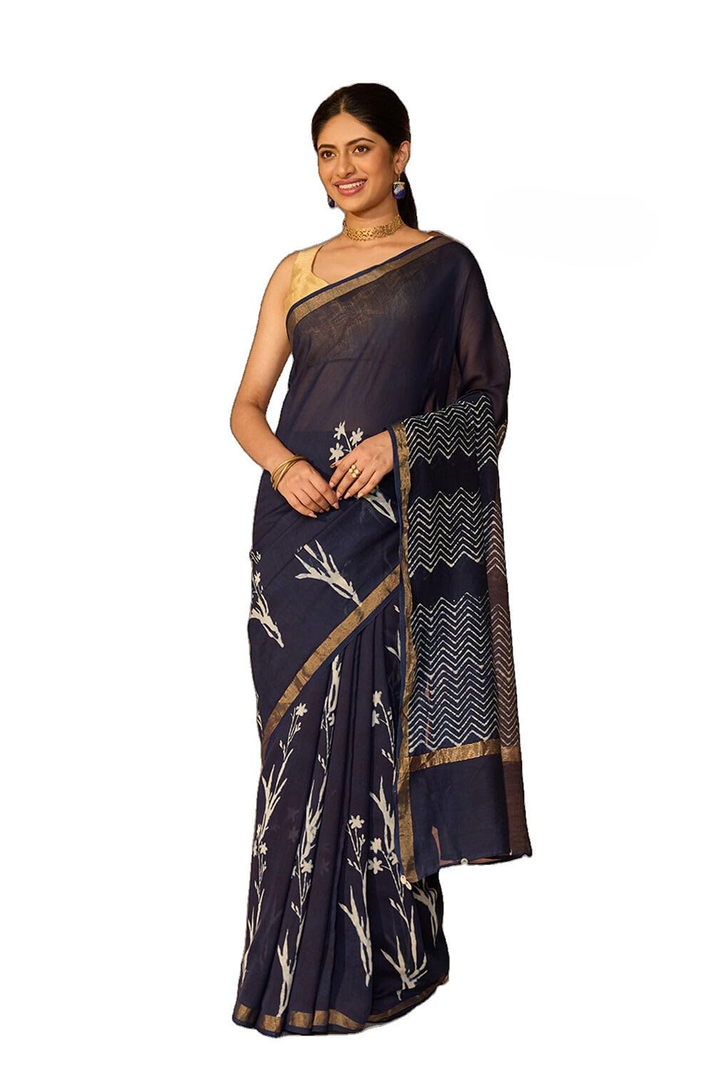 taneira Blue Bagru Bagru Block Printed Pure Silk Cotton SareeWith Unstitched Blouse(SAPP01AD3296-Blue)-picture-40