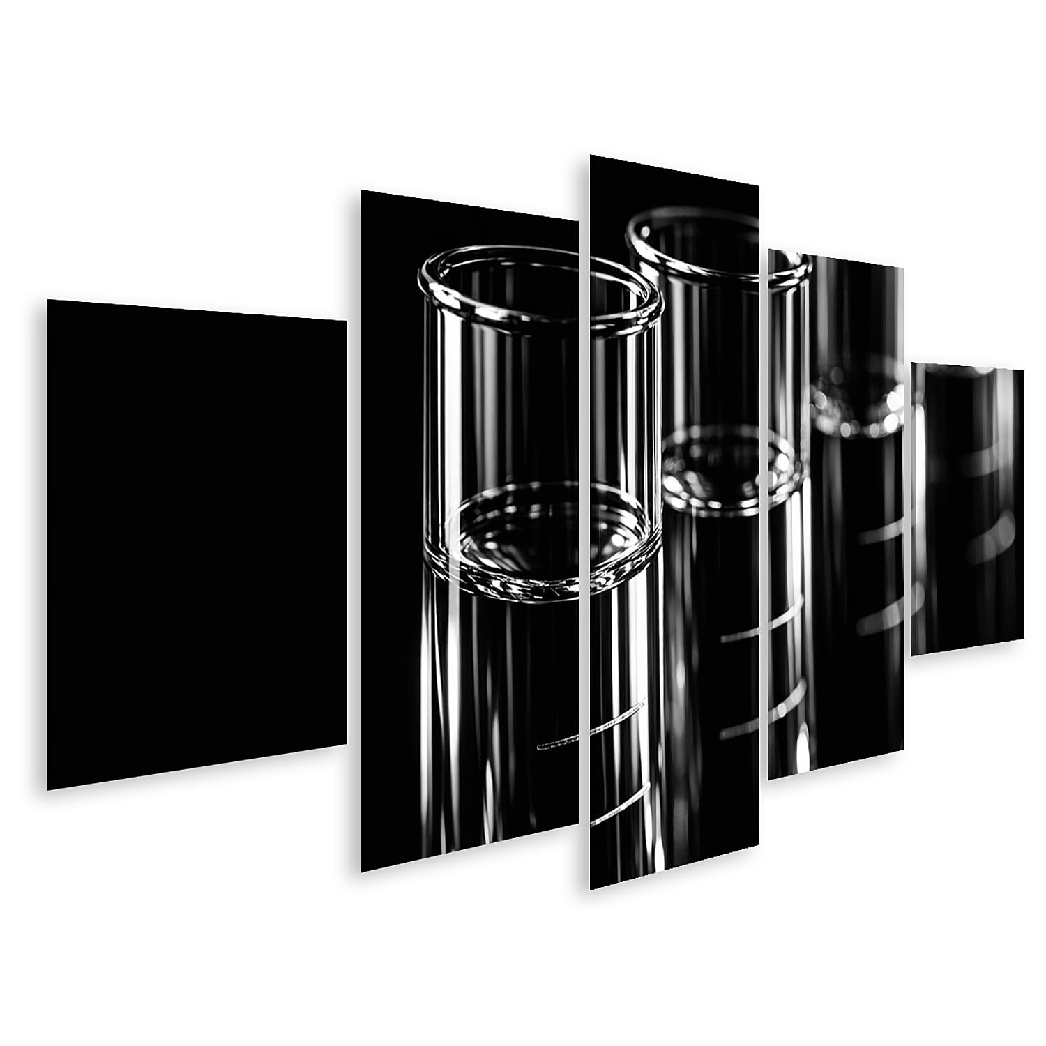 islandburner Bild auf Leinwand Minimalistisches Wandbild mit Reagenzgläsern in Schwarz-Weiß - 5-teilig