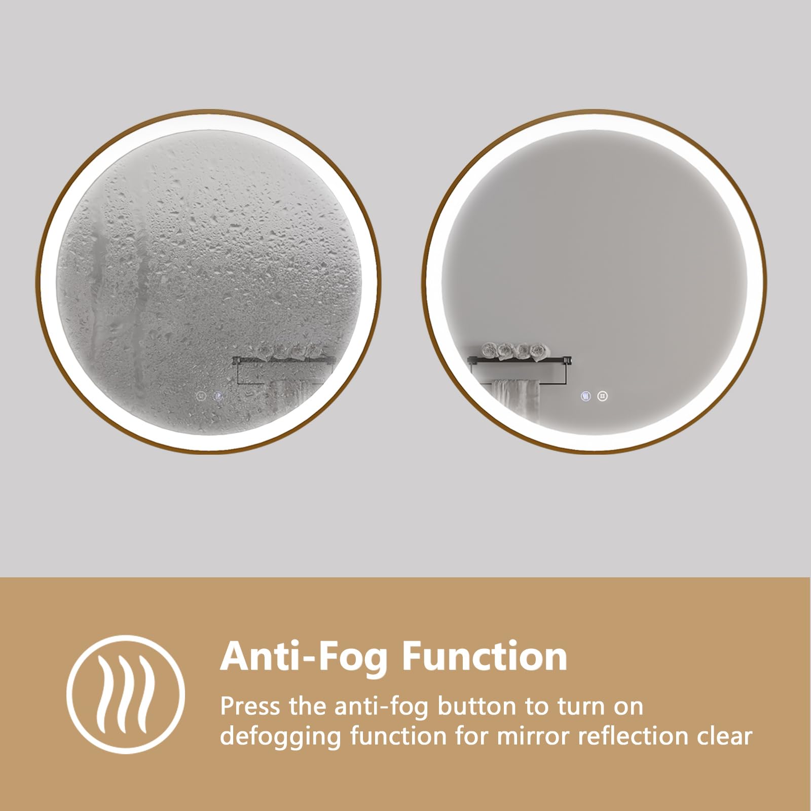 DELUXE LIVING 24 inch Round LED Bathroom Mirror with Anti-Fog, Stepless Dimmable Bathroom Mirror with Lights, Lighted Bathroom Vanity Mirror for Wall, Shatter-Proof, Memory Function, Touch Control