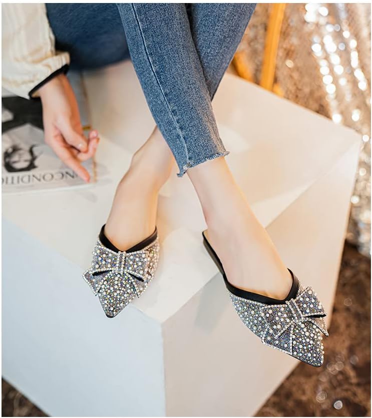DISHAHSD Rhinestone Bow for Women Flat Mules Pointed Toe Backless Slip On Mules Ladies Comfort Soft Sole Flat Loafer - Image 2