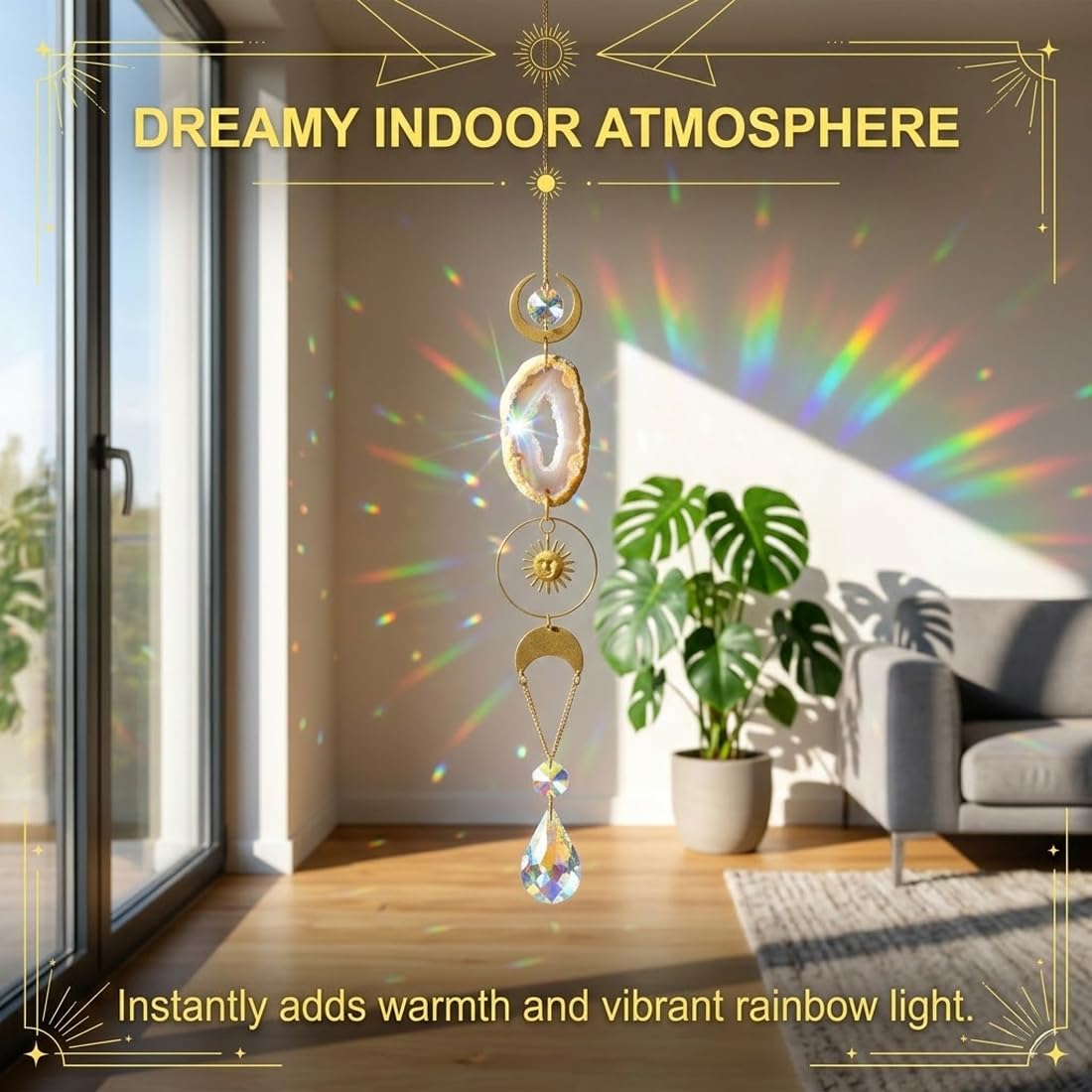 1 Acchiappasole in agata a forma di luna e sole, con effetto riflettente, adatto per finestre, camere da letto, soggiorni, balconi, giardini, feste, matrimoni