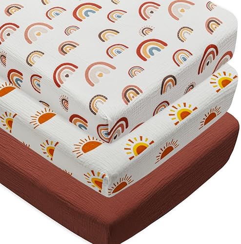 Miniatura 5 de Paquete de 3 sábanas de muselina para cuna, estilo bohemio, de género, neutro, para bebé, niño o niña, suaves y transpirables, con sol bohemio y
