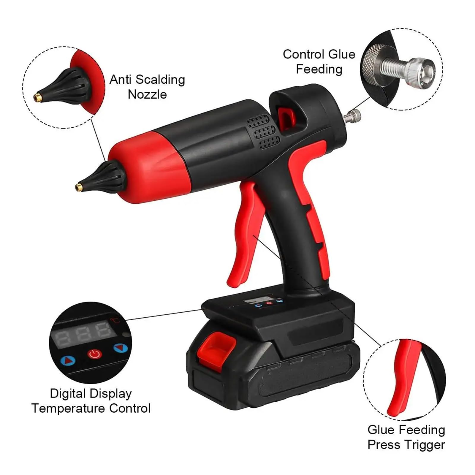 Pistola for colla a caldo senza fili con 10 stick di, batteria agli ioni litio ricaricabile, ugello in rame, strumento riparazione fai da te for la casa, 21 V, 1000 W(2 battery)
