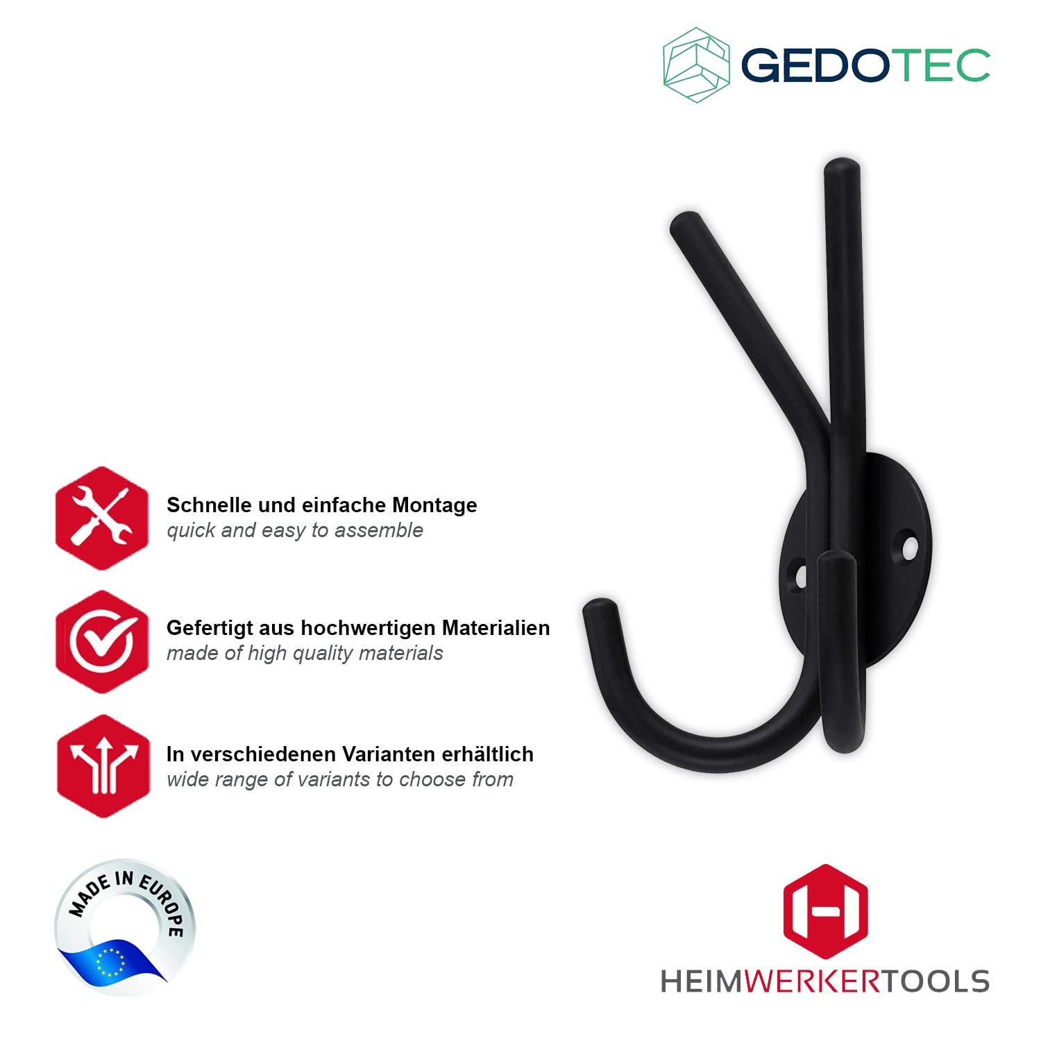 Gedotec Garderobelijst van staal om te schroeven, garderobehaken, mat zwart met 1 haak, CAMBRIDGE | Haaklijst van staal incl. bevestigingsmateriaal | 1 stuk wandhaak 130 mm x 52 mm x 60 mm