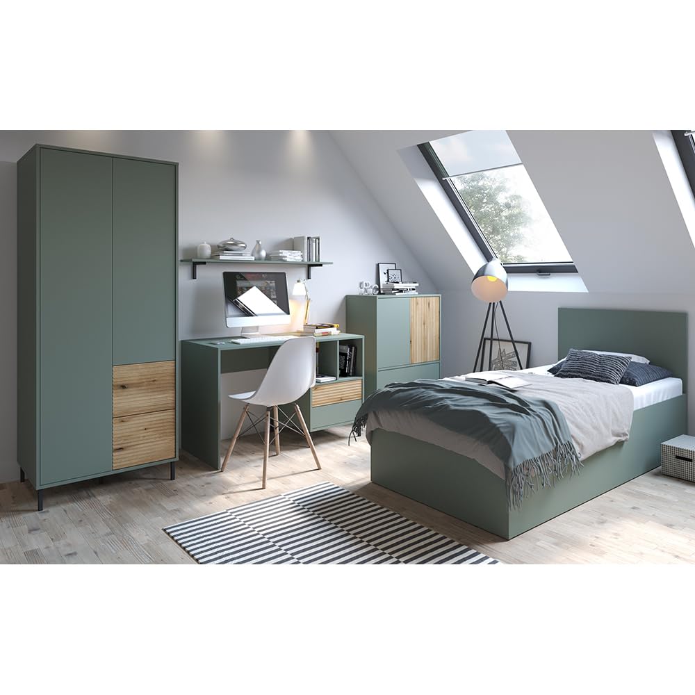 Lomadox Kinderzimmer komplett Set mit 90x200 cm Bettgestell in grau-grün mit Eiche, 5-teilig, Kleiderschrank, Schreibtisch, Wandboard, Kommode