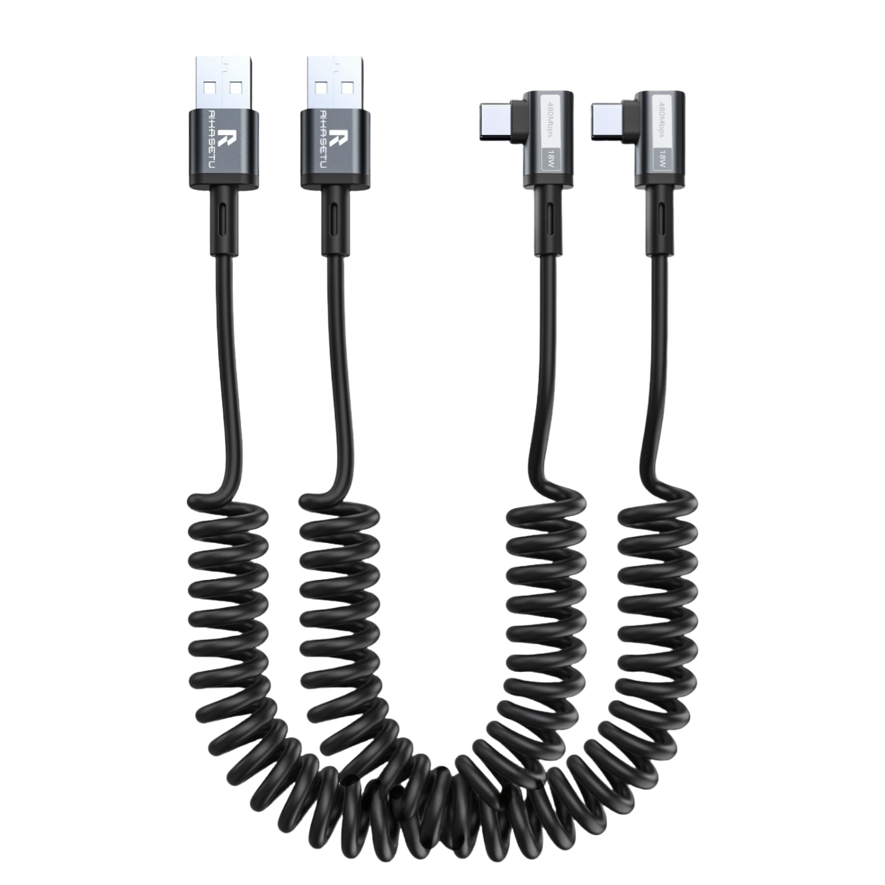 Cavo USB C a spirale, [confezione da 2] Cavo a spirale da USB A a USBC ad angolo retto di 90 gradi, ricarica rapida di tipo C, lunghezza consigliata [1,5 ft] compatibile con iPhone serie 16/15, per