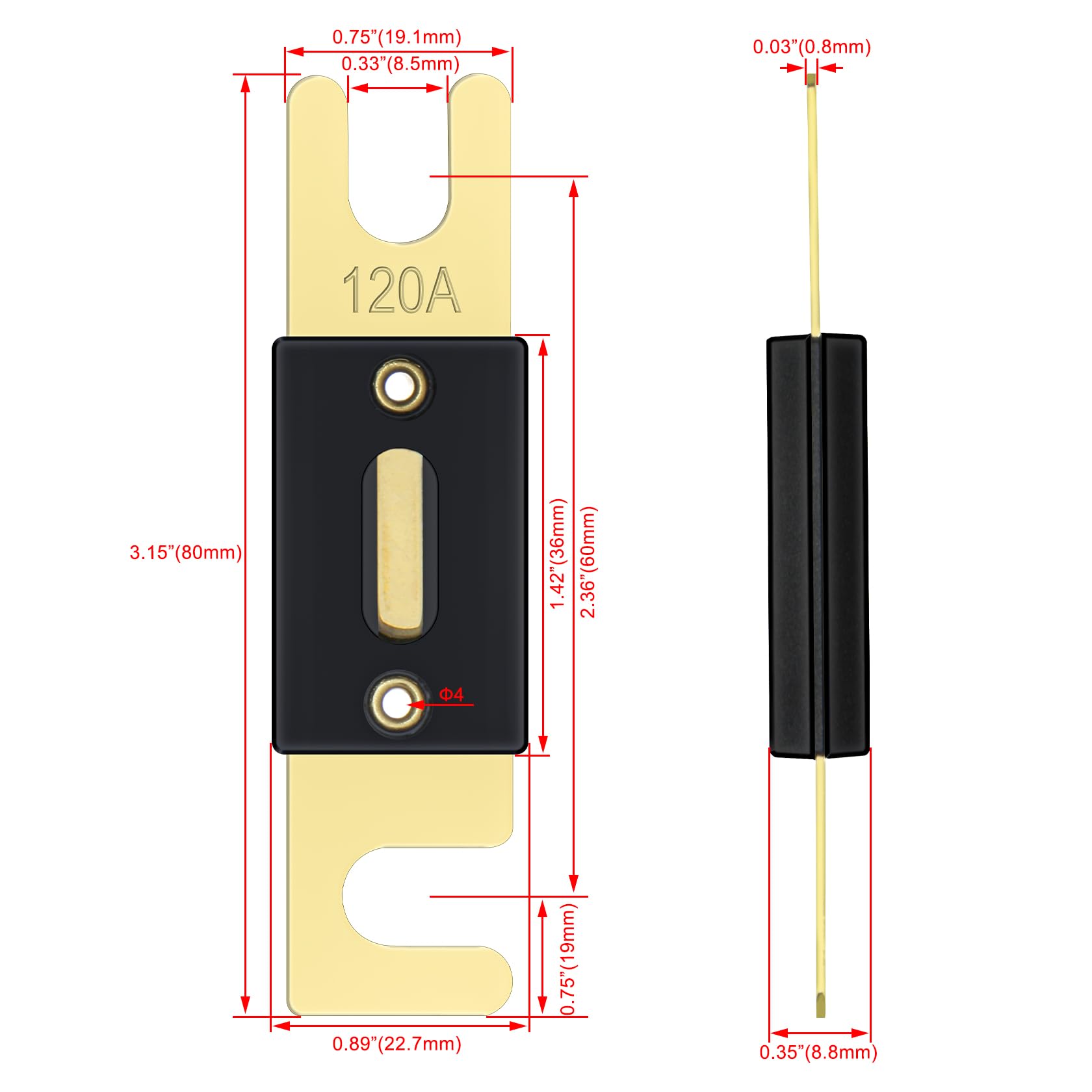 Image secondaire de Heschen ANL Fuse ANL-120 Lot de 2 fusibles 120 A pour système audio de voiture Doré et noir